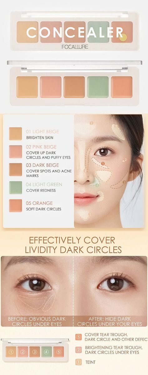 5 Colors Concealer Palette Cover-Up Dark Circles Acne Natural Moisturizing Face Makeup Winter Makeup Products, J Makeup, Dark Circles Makeup, Japan Makeup, Makeup App, Skin Tone Makeup, Makeup Life Hacks, Light Makeup Looks, Korean Eye Makeup