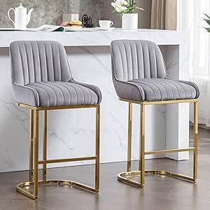 ROCITY Grey Counter Stools with Gold Legs 26 Inch Velvet Counter Height Bar Stools Set of 2 Modern Upholstered Kitchen Island Chairs with Back Accent Chair For Bedroom, Chaise Haute Bar, Breakfast Bar Chairs, Grey Counter, Working Office, Chair For Bedroom, Island Chairs, Breakfast Bar Stools, Coffee Room