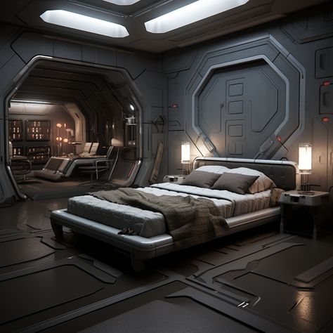 Sci Fi Building Interior, Sci Fi Apartment Interior, Futuristic Room Sci Fi Interior Design, Cozy Futuristic Bedroom, Futuristic Dorm Room, Sci-fi Room, Sci Fi Bedroom Concept Art, Spaceship Interior Design, Sci Fi Room Decor