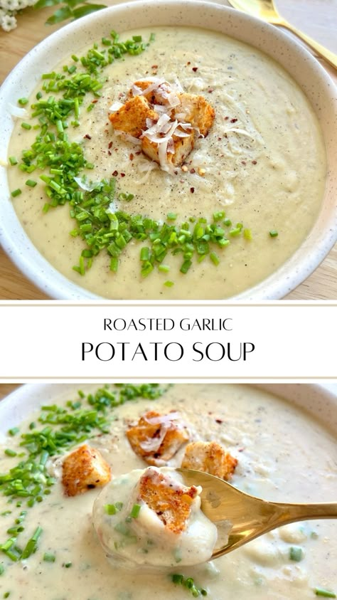 Roasted garlic potato soup is for all my garlic lovers. This soup features roasted potatoes, cauliflower, and tons of garlic all blended together, topped with chili crisp croutons and chives. Roasted Potatoes Soup, Greek Potato Soup, Roasted Sheet Pan Soup, Garlic Potato Soup Recipe, Winter Potato Soup, Garlic Potato Soup, Garlic And Potato Soup, Roasted Potato Soup, Potato Garlic Soup