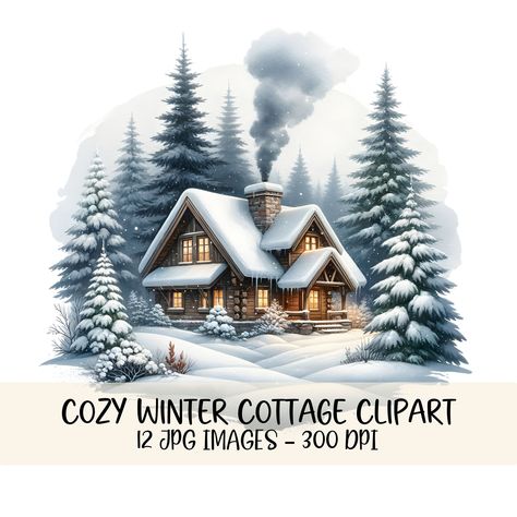 Enhance your holiday projects with this Cozy Winter Cottage clipart, featuring snowy scenes and rustic charm. Perfect for creating Cottagecore Christmas decor, printable winter art, and festive holiday graphics. Use these high-quality watercolor illustrations for scrapbooking, card making, and more, adding a warm and cozy touch to your winter crafts.  These graphics are JPG images on their original/white background. 💫 You will receive 12 individual JPG graphic images on a white background, high Christmas Scene Clipart, Christmas Winter Scene Painting, Winter Scenes To Paint, Cozy Winter Cottage, Cottage Clipart, Watercolor Cabin, Cabin Illustration, Snowy Cottage, Christmas Illustration Design