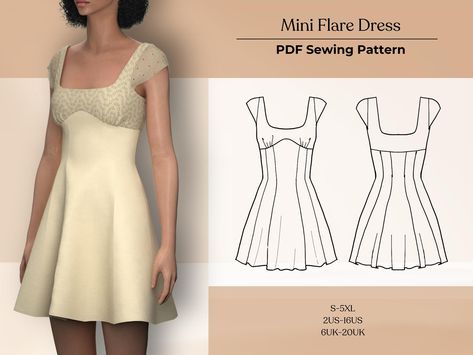 Mini Dress PDF Sewing Pattern | A-Line Mini Dress Pattern | Flared Dress Sewing Pattern | Mini Flare Dress Pattern | 2US-16US | 6UK-20UK Sew Sleeves On Dress, Dress Patterns For Sewing, Holiday Dress Pattern, Wedding Guest Dress Pattern Sewing, Free Mood Sewing Patterns, Easy Dress Sewing Tutorial, Etsy Patterns Sewing, Sewing Patterns Y2k, Wedding Guest Dress Sewing Pattern