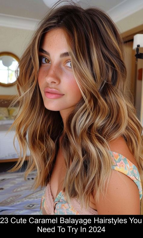 Get ready to fall in love with the hottest hair color trend of 2024: caramel balayage. This stunning technique seamlessly blends warm, rich caramel tones with your natural hair color, creating a look that’s both #balayage #hair Fall Blonde To Brunette, Caramel Balayage Curtain Bangs, Mid Length Caramel Balayage, Subtle Honey Balayage, Hair Color Ideas For Brunettes Caramel, Warm Bronde Balayage Dark Roots, Dark Roots Honey Blonde Hair, Warm Blond Balayage, Carmel Balayage Brunettes