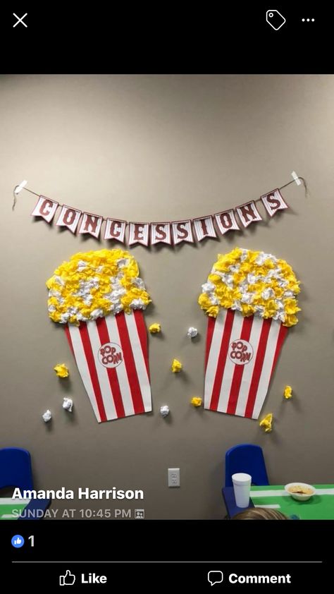 Popcorn Decorations Classroom, School Carnival Decorations Diy, Carnival Decorations Diy, Diy Carnival Decorations, School Carnival Decorations, Hollywood Crafts, Deco Cinema, Carnival Decorations, Spring Carnival