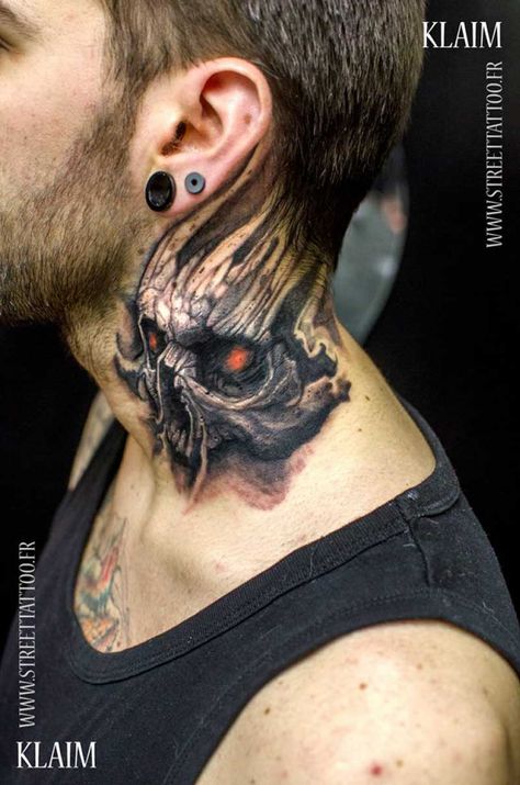 Skull Graphic Tattoo Design On Neck #ink Tattoo On The Side, Neck Tattoos For Men, Skull Tattoo Ideas, Rose Neck Tattoo, Grunge Pics, Front Neck Tattoo, His Tattoo, Best Neck Tattoos, Black Skull Tattoo