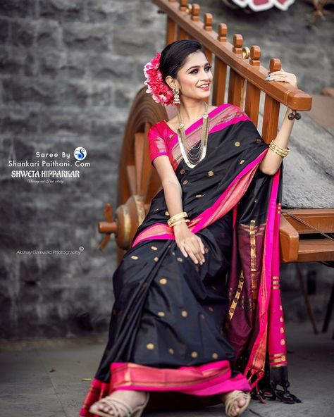 Black Saree Look Traditional Marathi, Makarsankranti Black Saree Look, Black Saree Look, Saree Pose, Hindu Wedding Ceremony, Indian Bride Outfits, Saree Poses, Bride Outfits, Saree For Women