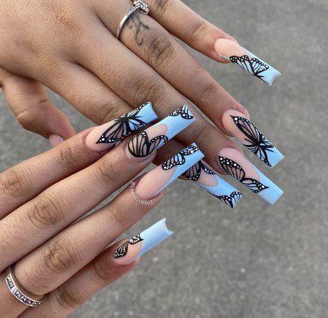 Nail Art Design 2023, Black And Blue Nails, Girls Nail Designs, Butterfly Nail Designs, Black Acrylic Nails, Blue Acrylic Nails, Pretty Gel Nails, Design 2023, Acrylic Nails Coffin Pink