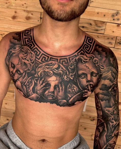 Chest Piece Tattoo Men Design, Mens Stomach Tattoo, Where Tattoo, Chest Tattoo Wings, Shen Long Tattoo, Chest Tattoo Drawings, Full Chest Tattoos, Half Sleeve Tattoos Forearm, Torso Tattoos