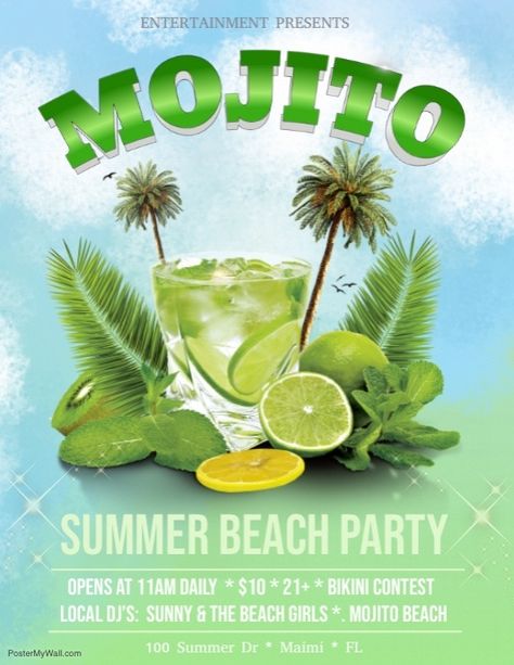 Mojito Mojito Wallpaper, Mojito Quotes, Mojito Background, Original Mojito Recipe, Mojito Poster Design, Church Branding, Summer Beach Party, Promotional Flyers, Event Flyers