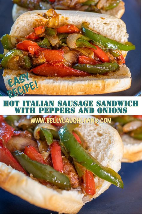 Hot Italian Sausage with Peppers and Onions Sausage And Pepper Grinders, Hot Sausage Peppers And Onions, Italian Sausage Dog Recipes, Bratwurst Peppers And Onions, Italian Sausage With Peppers And Onions Easy Recipes, Hot Dogs With Peppers And Onions, Hot Sausage Sandwich Recipes, Sausage Peppers And Onions In Oven, Sausage Dogs Recipes