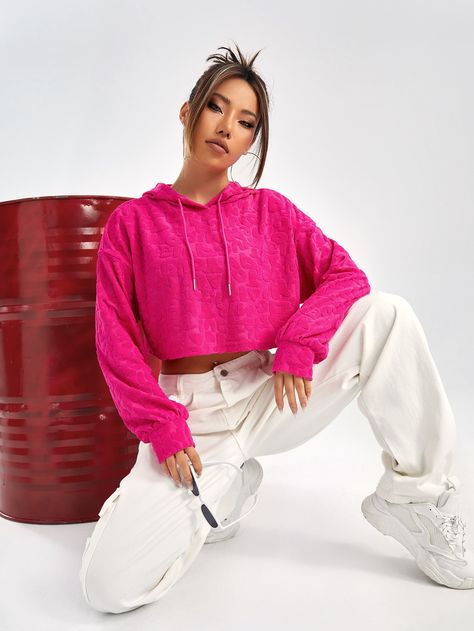 Hot Pink Casual Collar Long Sleeve Knitted Fabric Letter,All Over Print Pullovers Embellished Slight Stretch  Women Sweatshirts Cropped Hoodie Outfit, Pink Cropped Hoodie, Lady In Waiting, Women Sweatshirts, Crop Hoodie, Hoodie Outfit, Print Pullover, Letter Patterns, Dance Outfits