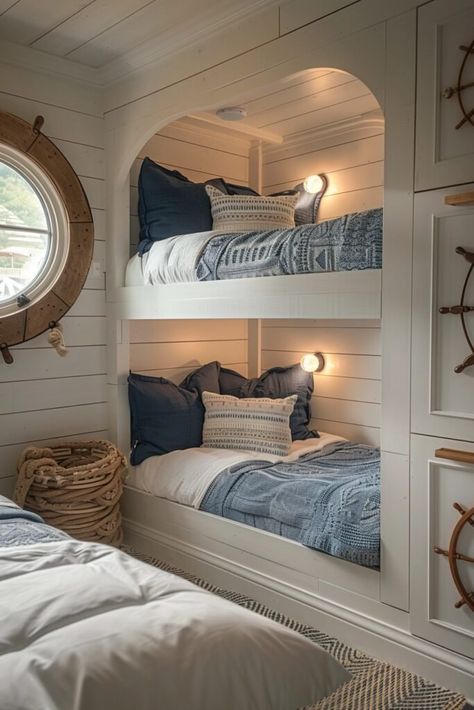 29 Bunk Beds for Kids: Playful and Practical Solutions Built In Bunk Beds Slanted Ceiling, Four Bunk Beds In One Room, Bunk Beds For Small Room Space Saving, Beach House Bunk Room Ideas, Bunk Beds For Small Room, Bed In The Wall, Small Bunk Room Ideas, Lake House Kids Room, Four Bunk Beds