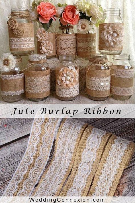 Wedding Jar Ideas, Barn Dance Decorations, Decorating Jars, Wedding Diy Decor, Jute Decor, Country Wedding Favors, Wedding Jars, Elegant Wedding Ideas, Crafts With Glass Jars