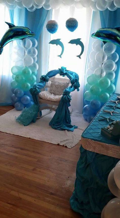 Chair of honor at a dolphin baby shower party! See more party planning ideas at CatchMyParty.com! Dolphin Birthday Parties, Dolphin Party, Bathroom Chair, Ocean Baby Showers, Sea Party Ideas, Sea Baby Shower, Chair Decor, Mermaid Baby Showers, Mermaid Parties