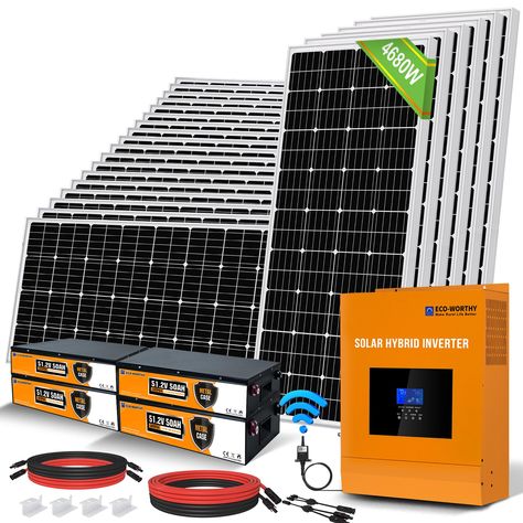 PRICES MAY VARY. 🏠[Daily Power of 18.7KWH]: The power of 18.7KWh per day under 4 hours full sunshine, very suitable for home, shed, cabin, farm or other energy backup, and it will provide enough power for TV,air/window condition, water heater, refrigerator, coffee maker, microwave and other AC 110V devices. 🔋[Super-High Capacity ]: With 10240Wh of 4pcs 48V 50Ah lithium batteries, which have higher charging/discharging efficiency and more than 3000 times deep cycles than lead acid batteries. Bu Solar Power Kits, Shed Cabin, Off Grid System, Monocrystalline Solar Panels, Solar Kit, Off Grid Solar, Solar Panel Kits, Power System, Solar Panel System