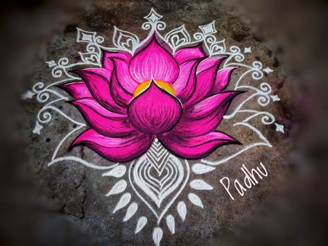 Lotus kolam rangoli Lotus Rangoli Designs Diwali, Pongal Drawing Ideas, Lotus Rangoli Designs Latest, Lotus Design Rangoli, Lotus Kolam Rangoli Designs, Lotus Flower Rangoli Design, Lotus Rangoli With Dots, Lotus Rangoli For Diwali, Friday Rangoli Designs