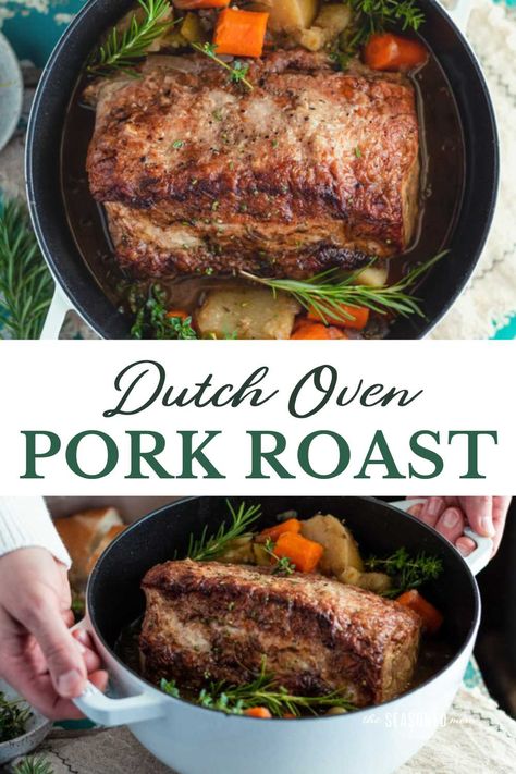 Tender and juicy, this Dutch oven pork roast transforms an affordable cut of meat into a delicious comfort food dinner. The pork loin slowly bakes in an apple cider broth with potatoes, carrots, celery, onion, and herbs. A quick pan gravy adds the perfect finishing touch on the one pot meal! Dutch Oven Pork Roast, Oven Pork Roast, Roast In Dutch Oven, Dutch Oven Pork, Pork Roast With Gravy, Boneless Pork Loin Recipes, Pork Loin Recipes Oven, Roast With Gravy, Pork Sirloin Roast