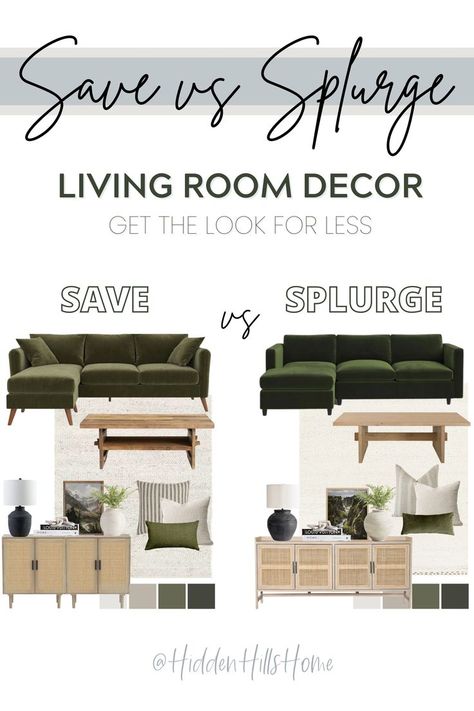 Living Room Mood Board with save vs. splurge items! Decor lookalikes for less! Get the same look for less with these Pottery Barn Dupes, Mcgee & Co Dupes, and more! Mcgee And Co Living Room Sofas, Green Living Room Mood Board, Mcgee And Co Living Room, Pottery Barn Sectional, Pottery Barn Living Room Ideas, Pottery Barn Sofa, Living Room Mood Board, Mood Board Living Room, Save Vs Splurge