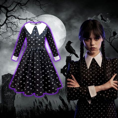 ✨Introducing the ultimate Wednesday Addams costume for girls! Perfect for Halloween, themed parties, or any dress-up event, this costume includes everything you need to channel your inner Wednesday. The dress is made of high-quality materials and features Wednesday's iconic black and white striped look, with a Peter Pan collar and a full, authentic skirt. The matching purse is the perfect size for carrying all your essentials and has a small handle, just like Wednesday's.♥ Wednesday Costume Kids, Addams Halloween Costume, Wednesday Addams Halloween, Halloween Costume Kids, Wednesday Addams Costume, Costume For Girls, Wednesday Addams, Halloween Costumes For Kids, Pan Collar