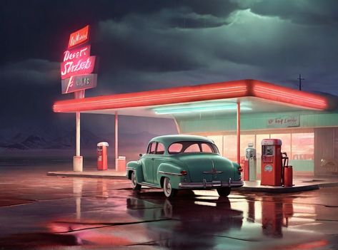 Desert gas station night neon 1950s scary rain fog 0 1950s Gas Station, Gas Pump, Filling Station, Gas Pumps, Gas Station, 3d Design, Neon, Design