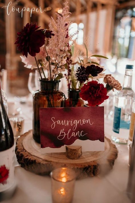 Rustic Table Names, Rust And Burgundy Wedding Table, Rustic Wedding Burgundy, Burgundy And Rust Wedding Centerpieces, Wine Theme Wedding Centerpieces, Burgundy Centerpiece Wedding, Burgundy Barn Wedding, Wedding Table Decorations Burgundy, Burgundy Theme Wedding