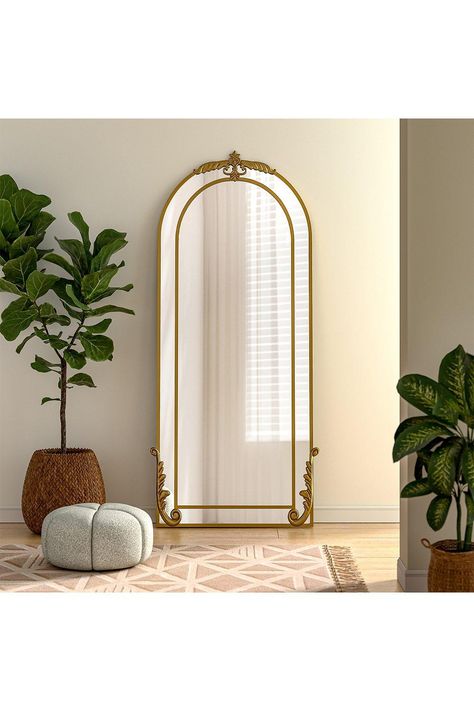 Antique Mirror Floor, Gold Room Decorations, Gold Floor Length Mirror, Brass Floor Mirror, Arched Mirrors, Royal Interior, Mirrors Vintage, Arch Floor Mirror, Geometric Invitations