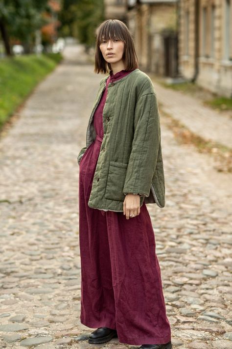 Linen Kimono, Fall Blazer, Linen Layers, Winter Fashion Coats, Linen Cardigan, Linen Jacket, Clothes Closet, Padded Coat, Green Coat