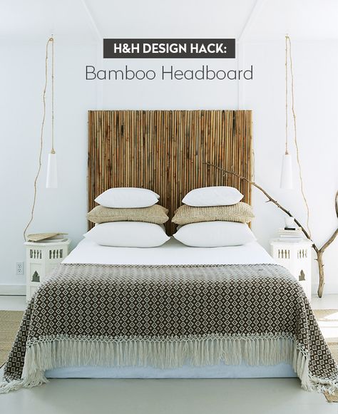 Bed Headboard Ideas, Bamboo Headboard, Creative Headboard, Interior Design Blogs, Bamboo Diy, Cheap Bedding, Diy Headboard, Cottage Interiors, White Cottage