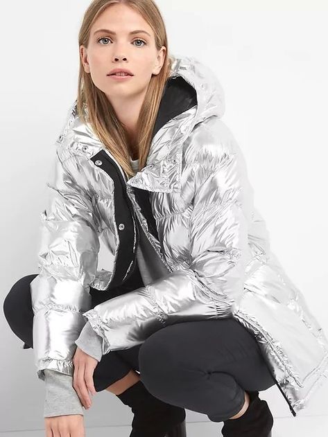 Gap Metallic Puffer Jacket Metallic Puffer Jacket, Puffer Jacket Style, Silver Pants, Puffer Coats, Cropped Puffer Jacket, Knit Bottom, Jaco, Puffy Jacket, Ripstop Fabric