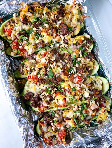 Greek Zucchini, Zucchini Boats Recipe, Green Chicken Enchiladas, Zucchini Boat Recipes, Rotisserie Chicken Breast, Green Chicken, Zucchini Boats, Seasoned Chicken, Fire Roasted Tomatoes