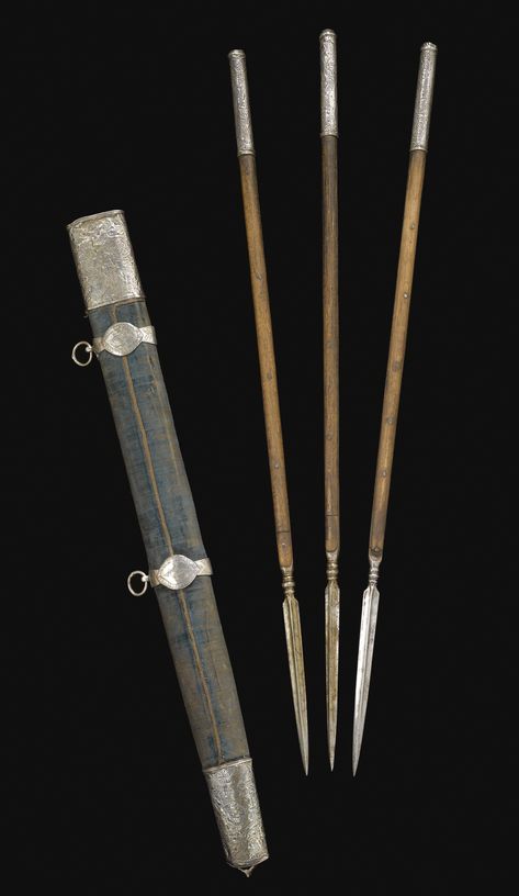 A rare set of Ottoman throwing spears (Jarids) and quiver, Turkey, circa 1680 Throwing Needles, Elven Spear, Fantasy Spear, Spear Fantasy, Fantasy Spear Design, Throwing Spear, Double Bladed Spear, Ottoman Dagger, Pencak Silat