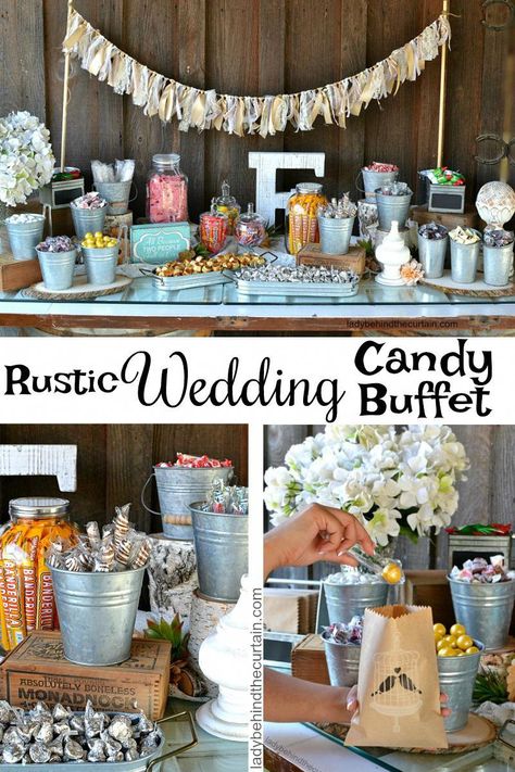 Wedding Candy Bar Buffet, Rustic Candy Buffet, Rustic Candy Bar, Wedding Candy Table, Wedding Candy Buffet, Bar A Bonbon, Candy Buffet Wedding, Candy Bar Wedding, Wedding Buffet