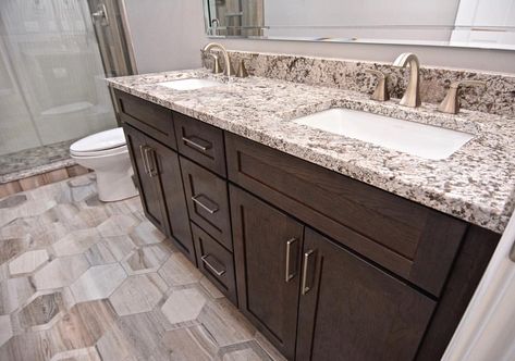 @kraftmaid vanity in their Cannon Gray stained finish with a Pergaminho granite countertop complete the look of this guest bathroom… Kraftmaid Vanity, Cannon Gray, Chateau Kitchen, Granite Countertop, Grey Stain, Home Reno, Guest Bathroom, Granite Countertops, Bathroom Remodel