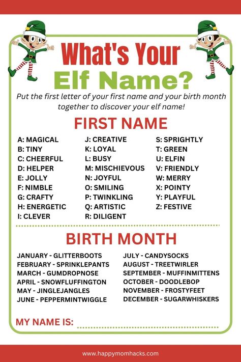 Best Free Printable Christmas Games for Parties | Happy Mom Hacks Christmas Games For Parties, Christmas Elf Names, Your Elf Name, Whats Your Elf Name, Free Printable Christmas Games, Free Christmas Games, Games Activities For Kids, Fun Holiday Games, Fun Family Christmas Games