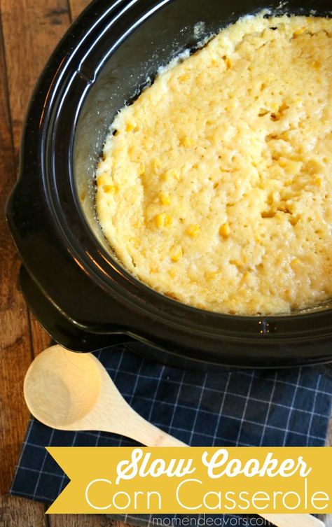 Easy Crock Pot Corn Casserole - Mom Endeavors Slow Cooker Corn Casserole, Corn Casserole Crockpot, Slow Cooker Corn, Southern Thanksgiving Recipes, Crock Pot Corn, Fall Crockpot Recipes, Corn Casserole Recipe, Crockpot Casserole, Baked Corn