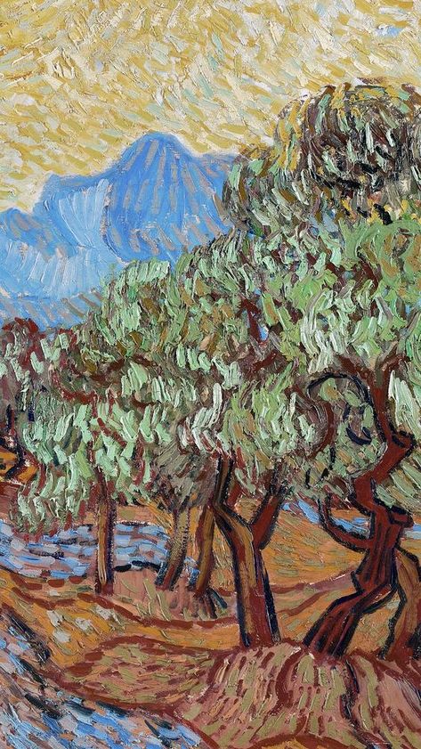 Famous Tree Paintings, Starry Night Phone Wallpaper, Night Phone Wallpaper, Van Gogh Olive Trees, Provence Landscape, Olive Green Wallpaper, Van Gogh Pictures, Van Gogh Wallpaper, Famous Trees