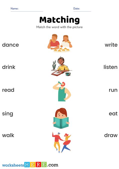 Match Action Verbs Pictures and Names Activity PDF Worksheets For Students - WorksheetsHere.com Verbs Worksheet For Kindergarten, Action Words Worksheet, Words Worksheet, Verbs List, Hindi Worksheets, Outline Images, Verb Worksheets, Name Activities, Action Verbs