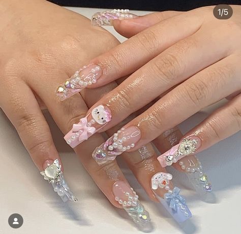 Sanrio Acrylic Nails, Kawaii Nails Acrylic, Ig Nails, Kitty Nails, Cute Acrylic Nail Designs, Hello Kitty Nails, Pretty Gel Nails, Really Cute Nails, Bling Acrylic Nails