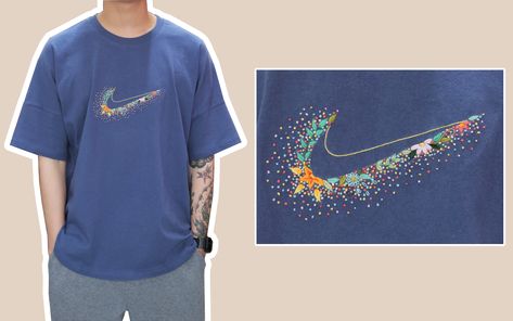 Embroidery Nike Logo Flowers, Embroidery Tshirt Men, Shirt Embroidery Ideas For Men, Creative Dresses, Gents T Shirts, Embroidery Tshirt, Shirt Nike, Hand Embroidery Flowers, Shirt Embroidery