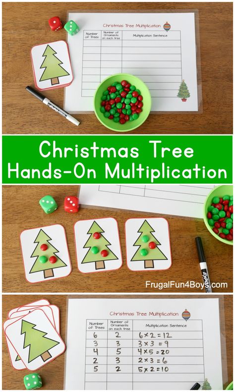 Christmas Tree Hands-On Multiplication Activity - Roll the dice, and count out how many trees your roll. Then roll again and that number tells you how many ornaments (candies) to put on each tree. Print the trees and recording sheet from the post! Christmas Multiplication Craft, 3rd Grade Christmas Activities, Christmas Multiplication Activities, December Homeschool, Third Grade Christmas, Multiplication Activity, Christmas Maths, Christmas Math Games, Christmas Multiplication