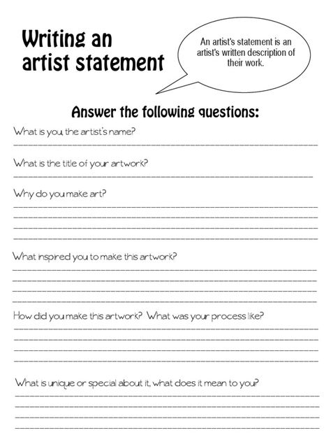 artist statement worksheet Artist Statement Worksheet, Open Classroom, Artists Statement, Artist Statement Template, Tab Classroom, Class Worksheets, Art Assessment, Visual Art Lessons, Art Classroom Management