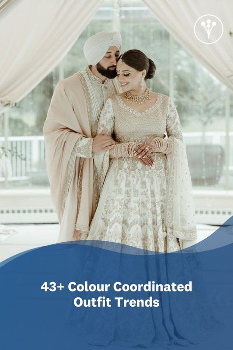 Millennial couples have often flaunted colour coordinated outfits at their weddings & to decode this trend, we have a list of couples in colour-combination outfits for inspo! Ivory Color Combinations Outfit, Engagement Lehenga Indian, Colour Coordinated Outfits, Couple Outfit Goals, Groom Colours, Purple Color Combinations, Coordinated Outfits, Engagement Lehenga, Red Color Combinations