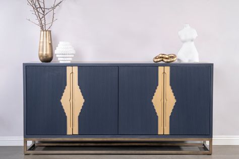 Mercer41 Deashawn 70.25" Wide Sideboard | Wayfair Sideboard Marble Top, Fluted Sideboard, Salon Blue, Shades Of Gray Color, Sideboard Gold, Kitchen Wine Rack, Wide Sideboard, Blue Cabinets, Small Space Kitchen