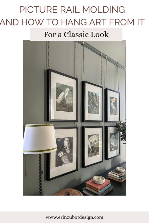 How to hang it, how to hang art from it, and a hack for hanging a gallery wall from picture rail on chains! Picture Rail Height, Picture Rail Hanging, Picture Rail Molding, Hallway Pictures, Picture Molding, Diy Staircase, Picture Rail, Picture Frame Molding, Hang Art