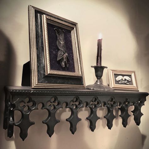 Our Gothic Revival Mantle Shelf returns this Friday alongside our Corbel and Corner Shelves 🖤🖤 Available at 5pm EST FRIDAY! Mark your… Gothic Wall Shelves, Gothic Floating Shelves, Floating Shelves Under Tv, Gothic Shelves, At Home Library, Gothic Shelf, Gothic Ideas, Castle Decor, Mantle Shelf