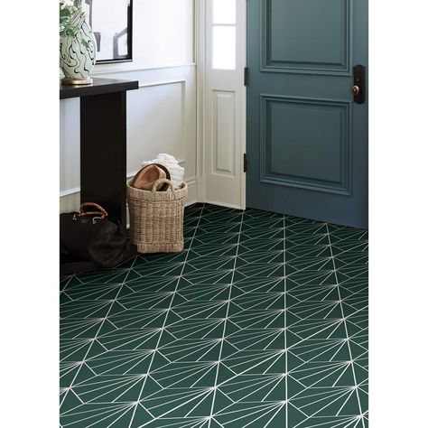 "Find the FloorPops Beryl Peel & Stick Floor Tiles at Michaels. com. Achieve a mid-century modern style in your kitchen, bathroom, laundry room, and more with these emerald peel and stick floor tiles. Achieve a mid-century modern style in your kitchen, bathroom, laundry room, and more with these emerald peel and stick floor tiles. The rich jewel tone and intricate geometric pattern will instantly transform dated flooring into a captivating focal point. Details: Green and white 60\" x 24\" x 0.06 Peel And Stick Floor Tiles, Stick Floor Tiles, Peel And Stick Floor, Vinyl Floor Tiles, Vinyl Tile Flooring, Apartment Makeover, Tile Saw, Peel And Stick Vinyl, Peel And Stick Tile