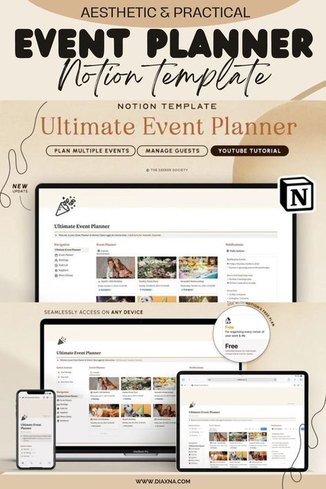 Master Every Occasion with The Ultimate Event Planner Notion Template by Nica of The Seeker Society - Elevate Your Planning Game and Create Unforgettable Moments! — DIAxNA Event Planner Template, Notion Content Planner, Event Planning Notion Template, Notion Wedding Planner, Notion Trip Planner, Budget Planner Notion, Essay Planner, Event Planning Template, Online Planner