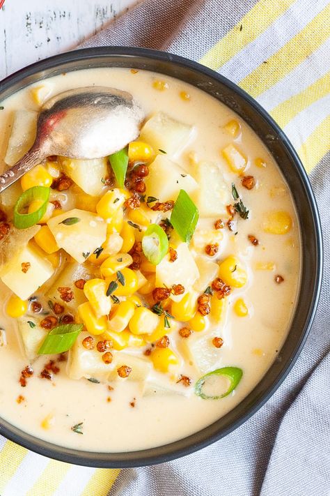 What is so special about this Vegan Corn Chowder recipe? Everything. It starts with pan-seared corn kernels and deglazed pan, which makes this soup actually oil-free. It is thickened with potatoes and turned creamy with a smooth cashew cream. What's not to like? Cashew Cream Soup, Summer Corn Chowder, Vegan Corn Chowder, Vegan Bacon Bits, Vegan Pantry, Corn Chowder Recipe, Vegan Bacon, Scalloped Potato Recipes, Vegan Meal Plans