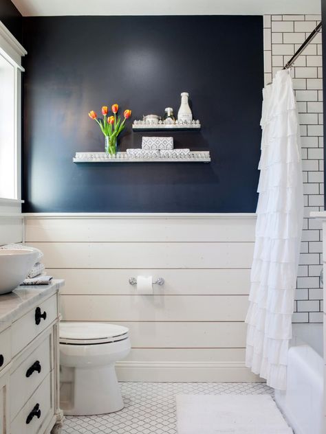 Fixer Upper | The Takeaways - A Thoughtful Place Horizontal Shiplap, Farmhouse Bathroom Decor Ideas, Half Walls, Bathroom Closet, Bathroom Remodel Tile, Subway Tiles, Trendy Bathroom, Farmhouse Bathroom Decor, Blue Bathroom