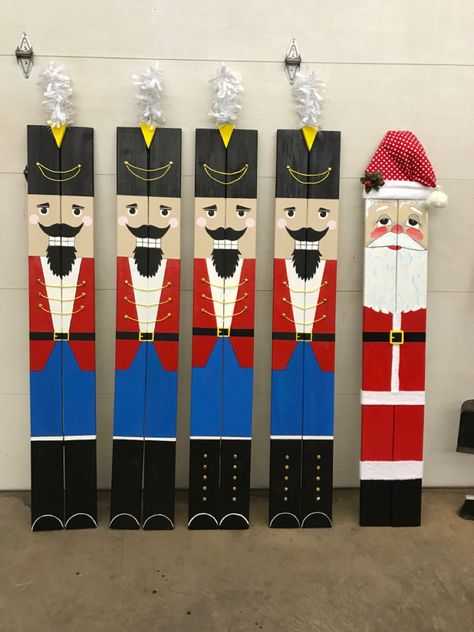 Shutter Nutcracker Diy, Nutcracker Porch Leaner, Diy Nutcracker Soldier Outdoor, Leaner Boards, Christmas Pom Pom Crafts, Diy Christmas Yard Decorations, Porch Leaners, Decking Boards, Nutcracker Christmas Decorations